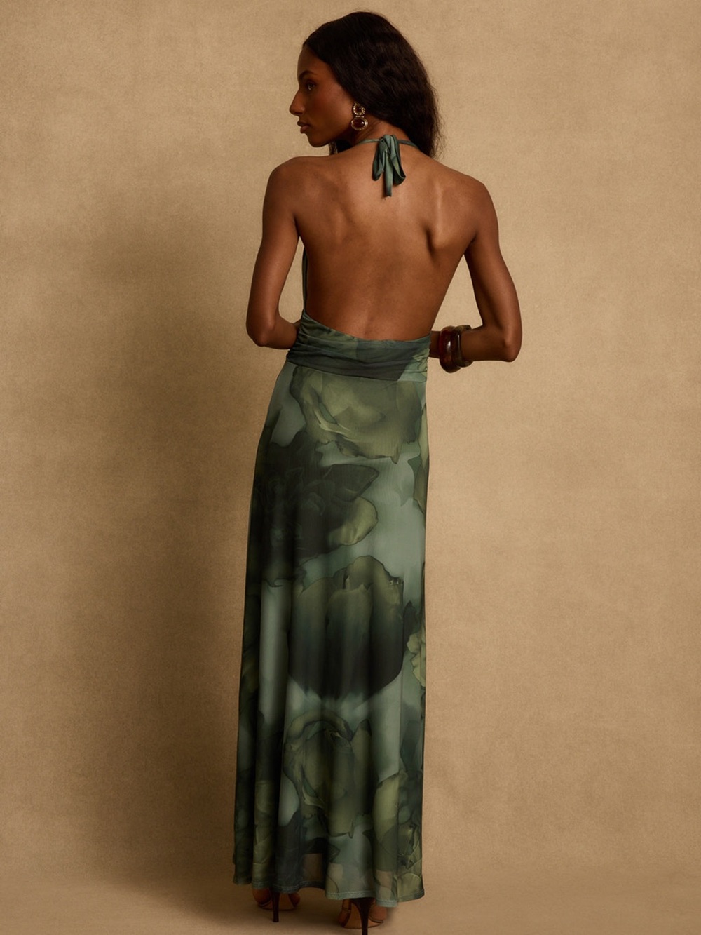 12th Tribe Rosalia Emerald Floral Mesh Halter Maxi Dress - Picture 4 of 12